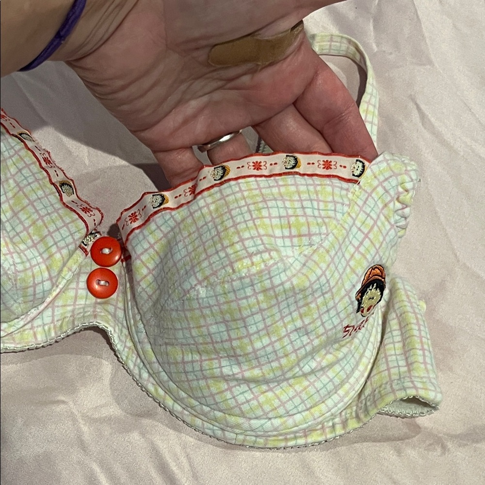 Vintage BOAZZ bra in green and yellow plaid, underwire and red center buttons
